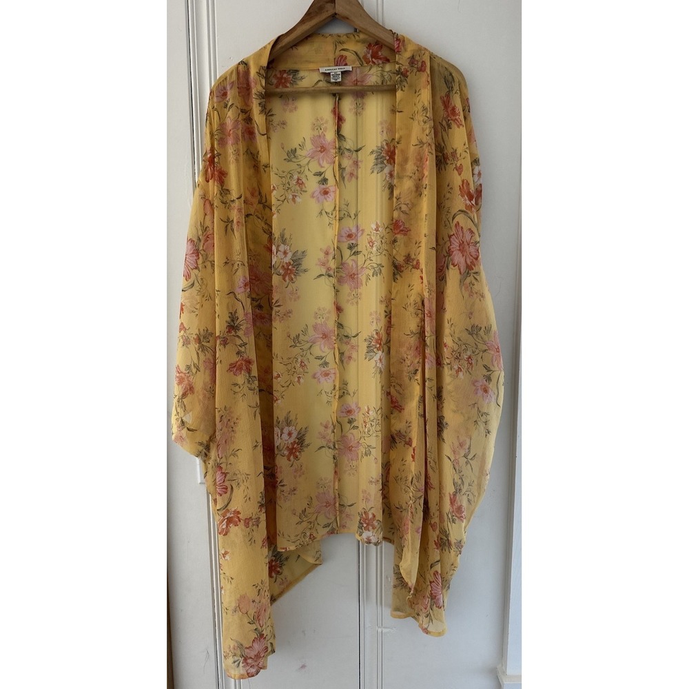 Yellow Floral Kimono Cardigan Boho Lightweight Sheer Duster Womens OS